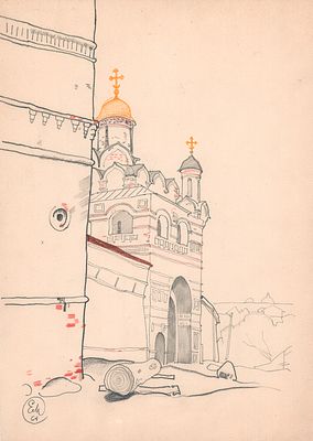 Мешков Е.А. Суздаль. Лавочка. 1964 г. Бумага, цв. кар. Лист 37,5х27,5 см. Монограмма художника 