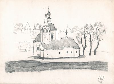 Мешков Е.А. Суздальский кремль. 1964 г. Бумага, кар. Лист 28х38см. Монограмма художника в 
