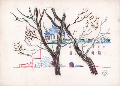 Мешков Е.А. Суздаль. 1964 г. Бумага, мелки. Лист 29х39 см. Монограмма художника в правом нижнем 