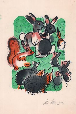 Митурич М.П. Лесные звери. Вариант иллюстрации к книге Г. Циферова "Кто кого добрее". 