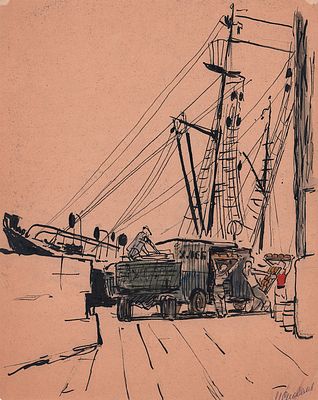 Скобелев М.А. Погрузка хлеба. 1950-е гг. Бумага, тушь, акварель. В правом нижнем углу подпись 