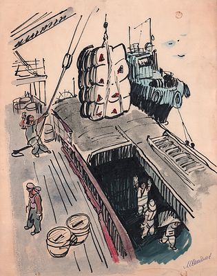 Скобелев М.А. Погрузка в порту. 1950-е гг. Бумага, тушь, акварель. В правом нижнем углу подпись 