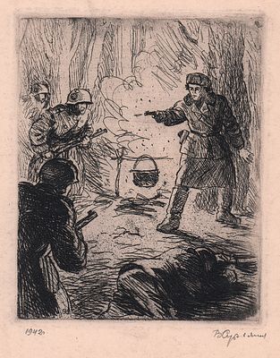 Сурьянинов В.В. Нападение. 1942 гг. Бумага, офорт. Лист 30х21 см, оттиск - 14,5х11,8 см. 