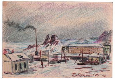 Агафонов В. Поселок на Камчатке. 1960 г. Бумага, цветные карандаши, 14х20,5 см