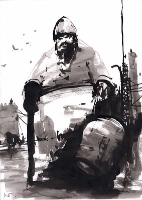 Батынков К.А. Давид и Голиаф. 2019 г. Бумага, тушь. Лист 41,7х29,7 см. В левом нижнем углу 