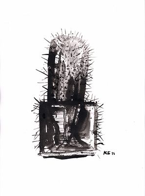 Батынков К.А. Композиция с кактусом. 2019 г. Бумага, черная акварель. Лист 41,7х29,7 см. В 