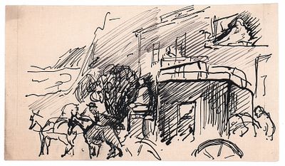 Бехтеев В.Г. Карета перед домом. 1930-е гг. Бумага, тушь, перо. Лист 7,8х13,7 см. Бехтеев 