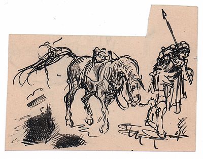 Бехтеев В.Г. С копьем и лошадью. 1930-е гг. Бумага, тушь, перо. Лист 7х9 см. Вырез верхней 