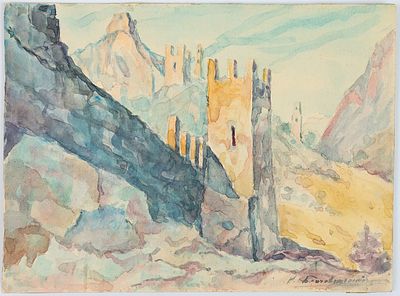 Благовещенский Н.Д. Крепость в горах. 1900-1910-е. Картон, акварель, 18,8х25,2 см. Авторская 