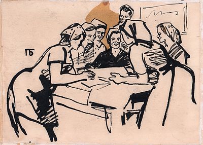 Бунин П.Л. Планерка. Бумага, тушь, акварель. Лист 20х28 см. Подпись художника в левой верхней 