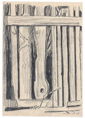 Вакидин В.Н. Забор. Болшево. 1964 г. Бумага, карандаш. Лист 27х19 см. В правом нижнем углу 