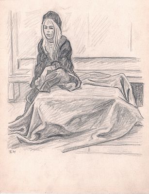 Вакидин В.Н. Сидящая девушка. 1974 г. Бумага, графитный карандаш. Лист 40х31 см. В левом нижнем 