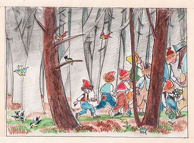 Гольц Н.Г. Вариант иллюстрации к сказке Братьев Гримм, 1964 г. Бумага, кар., тушь, акварель. 