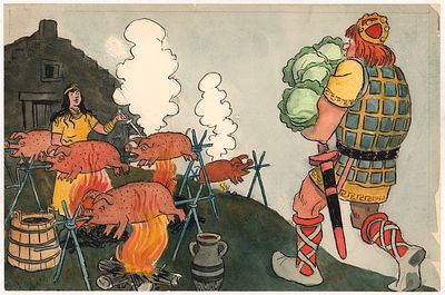 Ведерников Е.А. Потом она зажарила на вертеле целых десять свиных туш. Оригинал иллюстрации к 