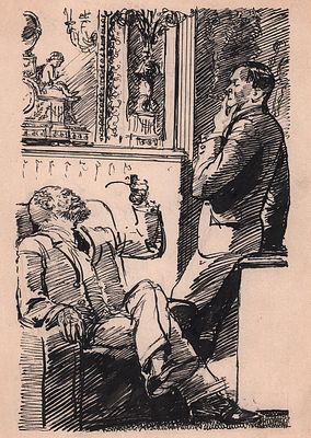 Алякринский. П.А. Разговор. Оригинал иллюстрации к книге Н. Шпанова "Тайна профессора Бураго" 