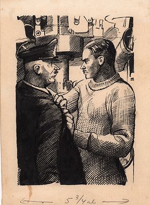 Алякринский. П.А. Разговор на корабле. Оригинал иллюстрации к книге Н. Шпанова "Тайна 