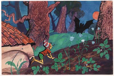 Мешков Е.А. За летучей мышью. Оригинал иллюстрации к кадру из диафильма "Приключения Буратино" 