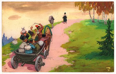 Савченко А.М. Сидят Агафоны в телеге и понукивают. Иллюстрация к кадру для диафильма "Семь 