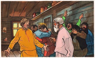 Семенов И.М. Всполошились Агафоны. Оригинал иллюстрации к кадру для диафильма "Семь Агафонов 