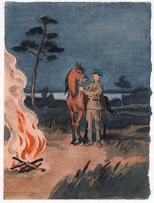 Харкевич И.И. В ночном дозоре. Оригинал иллюстрации к книге К. Высоковского "Все в снегу", Л. - 