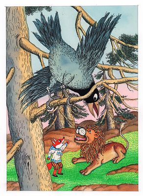 Остров С.А. Лисенок, лев и ворона. Иллюстрация к книге И. Фарбаржевича "Сказки маленького 