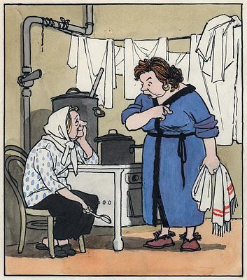 Щеглов Е.Б. В коммунальной квартире. Иллюстрация к журналу "Крокодил". Конец 1950-х гг. Бумага 