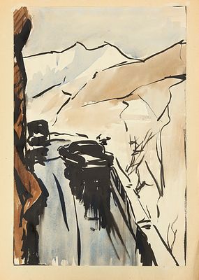 Алексеев М.Ю. Горная дорога. 1960-е. Бумага, акварель, тушь, 37х24,6 см. Лист приклеен к подложке. 