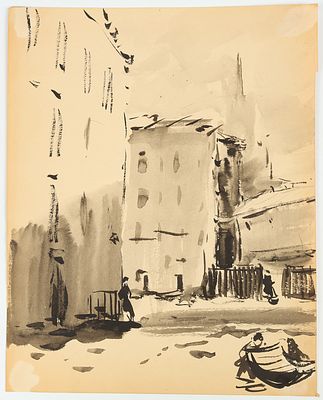 Алексеев М.Ю. Московский дворик. 1954. Бумага, акварель, 31,8х25,2 см. На обороте следы от 