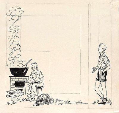 Алимов Б.А. У плиты. Оригинал иллюстрации к книге В. Вынту "Кто такой Ницэ Пеницэ", Детгиз 