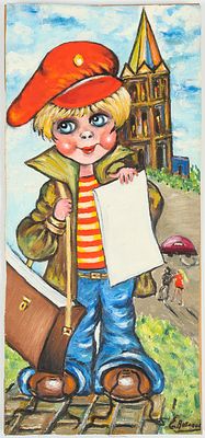 Антонов Е. Мальчик в красной кепке. 1970-1980-е. Холст, масло, 56х25,5 см. В правом нижнем углу 