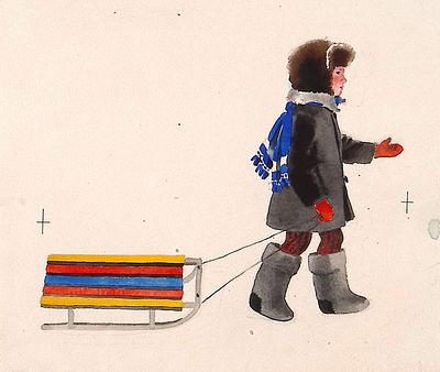Афанасьева М.Л. С санками. Оригинал иллюстрации к книге А. Шишова "Яблонька". Москва : Малыш 