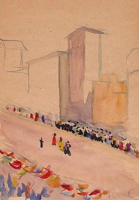 Бассинова И.Н. На демонстрации. 1950-е гг. Бумага, акварель. Лист 26х17,5 см. Бассинова Ирина 