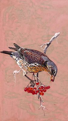 Бастрыкин В.В. Птица и рябина. 2003. Бумага, гуашь, белила, 37,2х20 см. На обороте авторская 