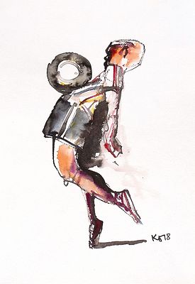 Батынков К.А. На грудь. Серия "Аут". 2018 г. Бумага, акварель. Лист 41,7х29,7 см. В правом 