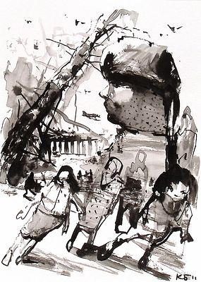 Батынков К.А. Трое. 2011 г. Бумага, тушь. Лист 29,7х21 см. В правом нижнем углу монограмма. На 