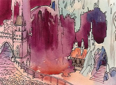 Беньяминсон Э.Е. Сказочный город. 1960-е гг. Бумага, тушь, акварель. Лист 12х16 см. Беньяминсон 