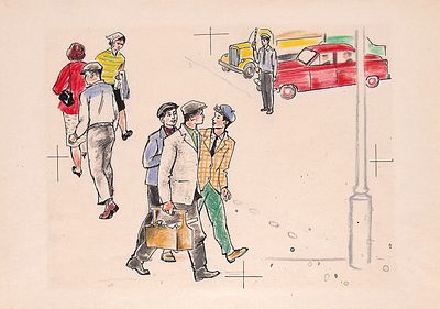 Бодрова Г.Т., Сапожников М.Т. На переходе. Оригинал иллюстрации к книге Л. Яхнина "Строим дом". 