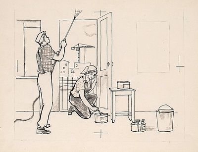 Бодрова Г.Т., Сапожников М.Т. Ремонт. Оригинал иллюстрации к книге Л. Яхнина "Строим дом". 