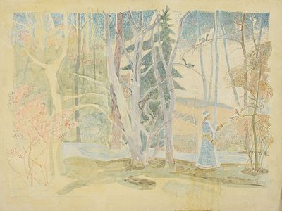 Бруни И.Л. Снегурочка.1960-е. Бумага на оргалите, мел, акварель, белила, 43х57 см. Временные 