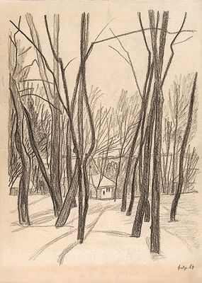 Вакидин В.Н. Руза в феврале. 1964 г. Бумага, карандаш. Лист 37,7х26,4 см. В правом нижнем углу 