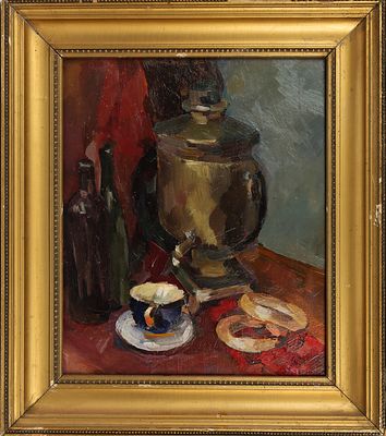 Еленок Т. Натюрморт с самоваром. 1962. Оргалит, масло, 58х48,5 см. Авторская подпись в правом 