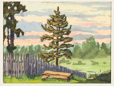 Забиронин Н.М. Вечер в деревне. 1978. Картон, гуашь, 26,5х35,5 см в свету. Лист оформлен в 