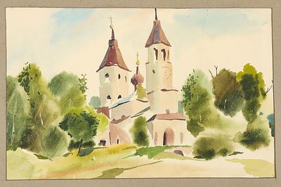 Забиронин Н.М. д. Смолнево. 1960-1970-е. Картон, акварель, 23х36 см в свету. Лист оформлен в 