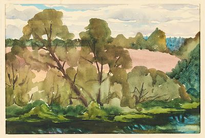 Забиронин Н.М. Ивы над рекой Серой. 1986. Картон, акварель, 24х36 см в свету. Лист оформлен в 