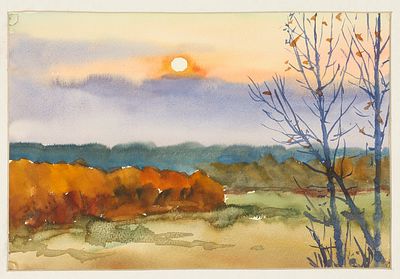 Забиронин Н.М. Холодно. Закат солнца. 1996. Картон, акварель, 24х36 см в свету. Лист оформлен в 