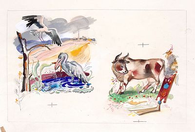 Иваницкая Т.А. Корова и птицы. Оригинал иллюстрации к книге В.И. Даля "Девочка Снегурочка" : 