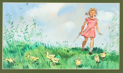 Игнатьев Б.Л. Девочка с утятами. Оригинал иллюстрации к кадру из диафильма "Катин лебедь", 1990 