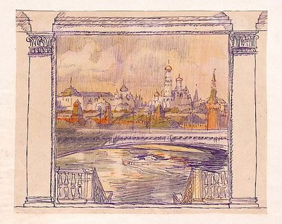 Иорданский Б.В. Московский кремль. Эскиз настенной росписи. Бумага, чернила, цв. карандаши. 