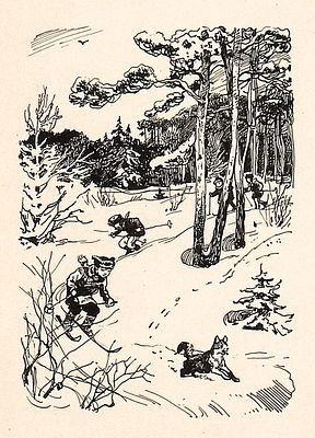 Иткин А.З. На лыжах. Оригинал иллюстрации к книге Л. Квитко "Я сам". Москва : Детгиз, 1957. 