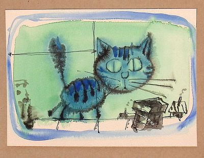 Караваева Г.А. Кот на крыше. 1980-е гг. Бумага, акварель, тушь, перо. Лист 16,2х22 см на 